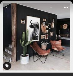 a living room with black walls and pictures on the wall next to two brown chairs