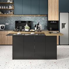 a kitchen with blue walls and white flooring