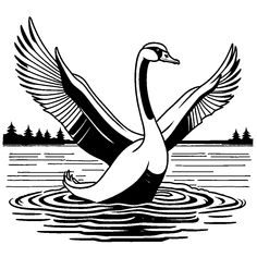 a black and white drawing of a swan flying over water with trees in the background