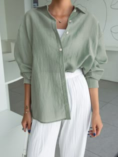 Mint Green Casual Collar Long Sleeve Fabric Plain Shirt Embellished Non-Stretch Spring/Summer/Fall Women Tops, Blouses & Tee Olive Green Shirt Outfit, Linen Shirt Outfit Women, Green Blouse Outfit, Causal Summer Outfits, Mint Green Outfits, Olive Green Outfit, Linen Shirt Outfit, Mint Green Shirts