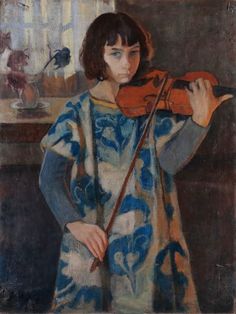 a painting of a woman holding a violin