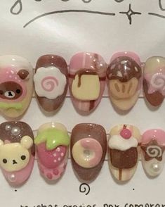 cute nails aesthetic gyaru pink dark colors pretty Neapolitan Nails, Domo Nails, Cutecore Nails, Cute Nails Aesthetic, Rilakkuma Nails, Gyaru Pink, Ig Stickers, Kawaii Nail Art