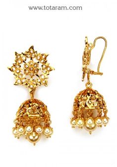 22K Gold Uncut Diamond Jhumkas (Karan Phool) With Japanese Culture & South Sea Pearls - 235-DER744 in 34.450 Grams Gold Jhumkas, Diamond Jhumkas, 22k Gold Earrings, Indian Gold Jewelry, Gold Temple Jewellery, Antique Gold Jewelry Indian, 22k Gold Jewelry, Gold Jewelry Stores, Antique Gold Jewelry