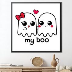 two ghostes with hearts and the words my boo in black on a white background