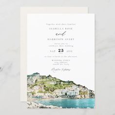 a wedding card with an image of the amalfa coast in italy on it