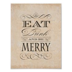 eat drink and be very merry card with black ink on white paper, featuring an ornate font