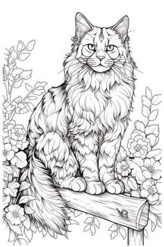 a black and white drawing of a cat sitting on top of a tree branch with flowers