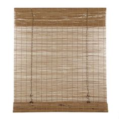 a bamboo window covering with chains hanging from the top and bottom bars on each side