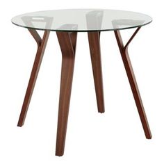 a round glass table with wooden legs