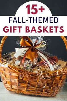 a basket filled with lots of different types of gift items and the words 15 + fall - themed gift baskets