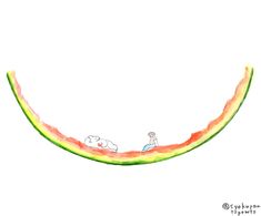 a drawing of a slice of watermelon with two dogs laying on the side