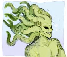 a drawing of an alien creature with long hair and green skin, wearing black eyeliners