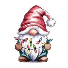 a cartoon santa claus with christmas lights on his feet, sitting in front of a white background