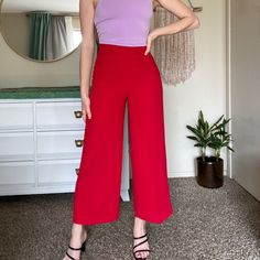 Returning To The Office, Make A Statement With These Cropped Pants! Or Pair With A Sequin Top For A Holiday Party! Model Is 5’3, 123 Lbs, 27 In Waist, 37 In Hips. These Are Ultra High-Rise At 12.5 Inches, With Side Zipper Closure. Black Bell Bottoms, Asymmetric Jumpsuit, Khaki Jeans, Zara Jumpsuit, Culotte Pants, Linen Blend Pants, Halter Jumpsuit, Wide Leg Cropped Pants, Red Pants