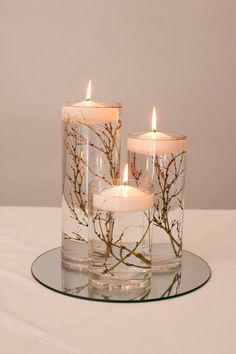 three candles are sitting in glass vases with branches on the bottom and one candle is lit