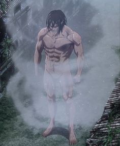 an anime character standing in the fog with his hands on his hips and looking down