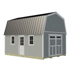 a small gray barn with a metal roof