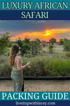 a woman standing in front of a field with the sun setting behind her and text packing guide