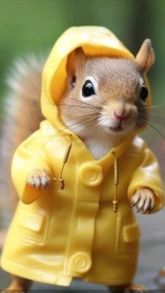 a small toy squirrel wearing a yellow raincoat