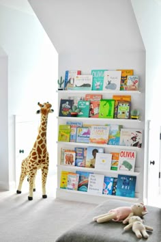 a giraffe standing next to a book shelf filled with books