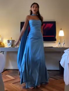 Blue Satin Prom Dress, Satin Long Prom Dress, Hot Prom Dress, Blue Prom Dress, Satin Evening Dresses, Blue Evening Dresses, Prom Dress Inspiration, Pretty Prom Dresses, Formal Party Dress