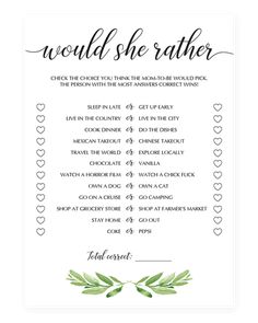 a printable wedding game with the words would she rather?