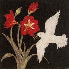 a white bird flying over a red flower