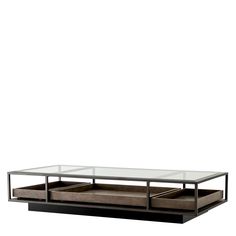 a glass and metal coffee table with two trays underneath it, on a white background