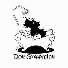 a black and white dog in a bathtub with the word dog grooming above it