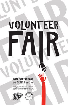 an advertisement for volunteer fair with a hand holding up a pencil