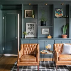 two brown leather chairs sitting next to each other