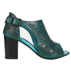 Western flair, summer style. The Mika is the perfect addition to any spring and summer wardrobe. These peep toe heels feature a leather upper with intricate tooled floral details. The padded insole keeps you on your feet in comfort and in style. $82.99 Blue Leather Sandals, Stacked Heel Sandal, Casual Pumps, Casual High Heels, Turquoise Leather, Leather Sandals Women, Peep Toe Sandals, Fashion Heels, Peep Toe Heels