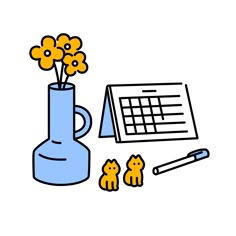 a blue vase with yellow flowers next to two little kittens and a calendar on a white background