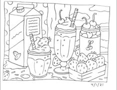 a line drawing of two drinks and strawberries on a table with other items in the background