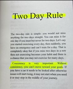 an open book with the words two day rule written in yellow and black on it