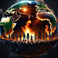 a group of people holding hands standing in front of a fire filled earth with the sun rising above them