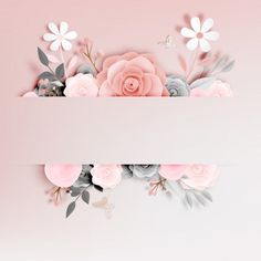 pink and grey flowers are in the corner of a paper cutout with butterflies on it