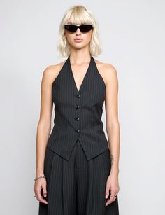 Honor Halter Pin-Stripe Vest Suit Vest For Women, Pin Stripe Vest, Pinstripe Waistcoat, Pinstripe Vest, Hoco Inspo, Stripe Vest, Pinstripe Trousers, Striped Halter Top, Halter Vest