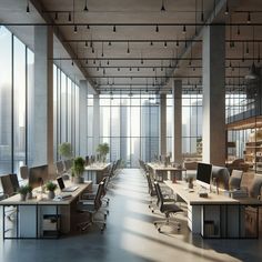 an empty office with lots of desks and chairs in front of large windowed windows