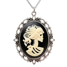 PRICES MAY VARY. This beautiful vintage victorian style necklace features a unique cameo pendant. Day of the Dead- Sugar skull necklace that will be a crown to any gothic lolita dress. It is a truly magical mystical gift for women, use as accessories to your costume for Halloween, Day of the Dead, Steampunk, pirate, gothic lolita dress accessories, costume party, goth, zombie, wicca décor,… This sugar skull pirate necklace comes in a complimentary gift box, the only thing you need to add is a ca Skull Cameo, Sugar Skull Necklace, Skeleton Necklace, Goth Jewelry, Skull Jewelry, Skull Necklace, Cameo Necklace, Cameo Brooch, Cameo Pendant