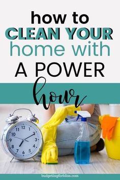 a woman cleaning the floor with yellow gloves and rubber gloves on her feet, next to an alarm clock