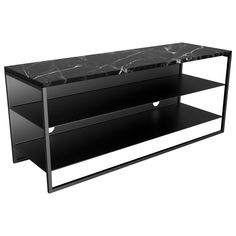 a black and white marble top shelf with two shelves on each side, one is open