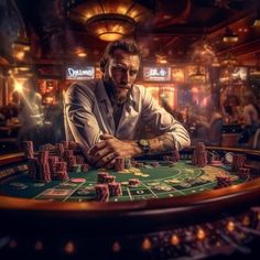 a man sitting at a casino table with his arms crossed