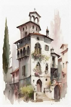 watercolor painting of a building with stairs and balconies on the top floor