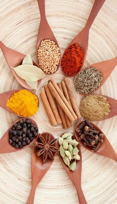 an assortment of spices arranged in a circle