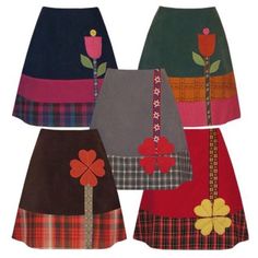 four different skirts with flowers and plaid patterns on them, all in various colors to match