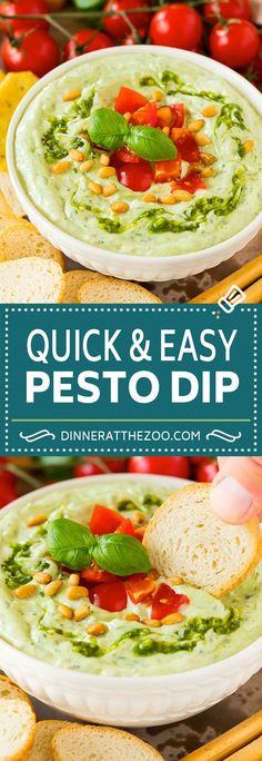 a bowl of pesto dip with bread and tomatoes in the background text overlay reads quick & easy pesto dip