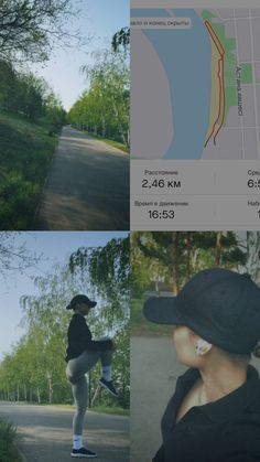 a woman in black shirt and hat standing on street next to tree with road map