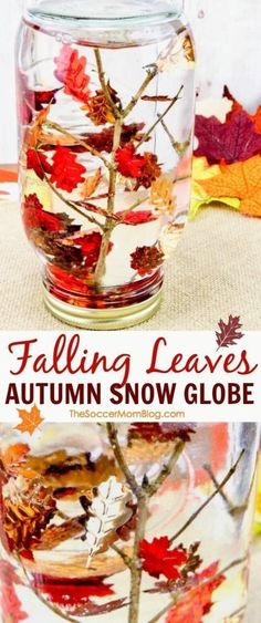 a glass jar filled with autumn leaves and text that reads falling leaves autumn snow globe