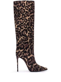 brown satin weave leopard print leather lining pull-on style knee-high pointed toe high stiletto heel Printed Boots, Leapard Boots, Leopard Print Leather Boots With Pointed Toe, Le Silla Shoes, Leopard Print Pointed Toe Leather Boots, Animal Print High Heels, Leopard Boots, Brown Snake Print Ankle-high Boots, Leopard Boots 9.5